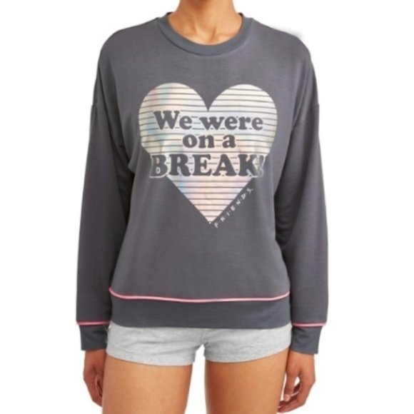 Friends "We Were on a Break!" Cozy Comfy Sleep Shirt Gray w Pink Stripe - M - Picture 1 of 8